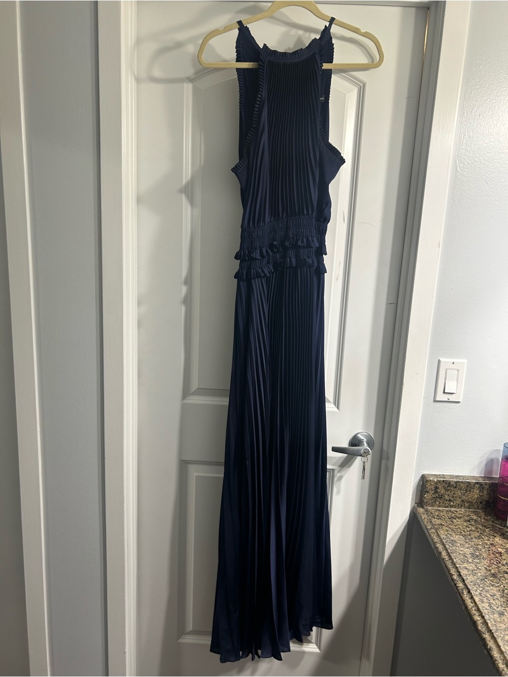 BCBG Navy Pleated Ruffle-Waist Maxi Dress